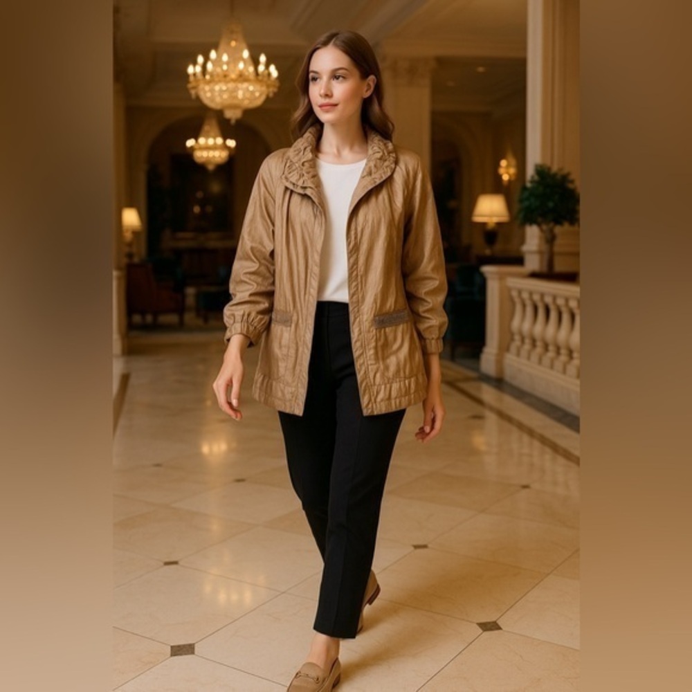 Chico’s shiny crinkle blazer, shimmery w/ ruched sleeves effect.